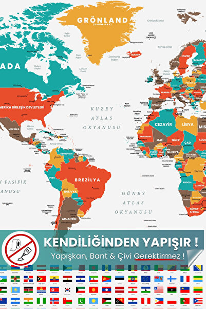 Pi Papers Türkçe Şehirli ve Bayraklı Şeffaf Dünya Haritası 150x95 cm - Yapışk...