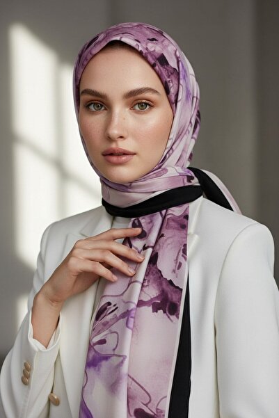 Vissona KREP SULU BOYA YAPRAK DESENLİ LİLA RENKLİ 75X195 KIRIŞMAZ ŞAL