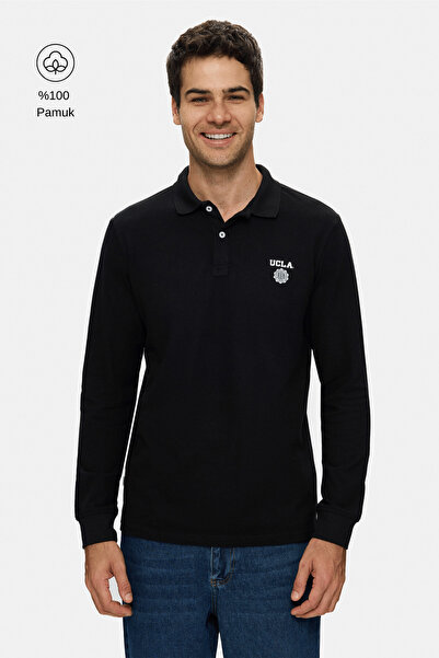 UCLA MAXWELL Siyah Polo Yaka Baskılı Standard Fit Erkek Sweatshirt