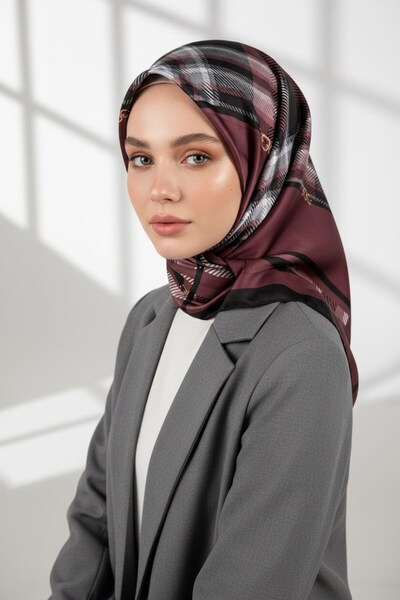 VİOLLA Twill Kemerli ve Ekose Desenli Gül Kurusu Renkli 90x90 Eşarp (İpek İçe...