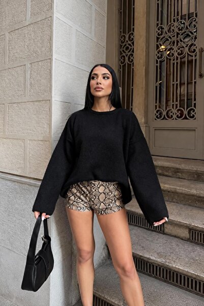 Gülce moda Siyah Bisiklet Yaka Oversize Triko Kazak