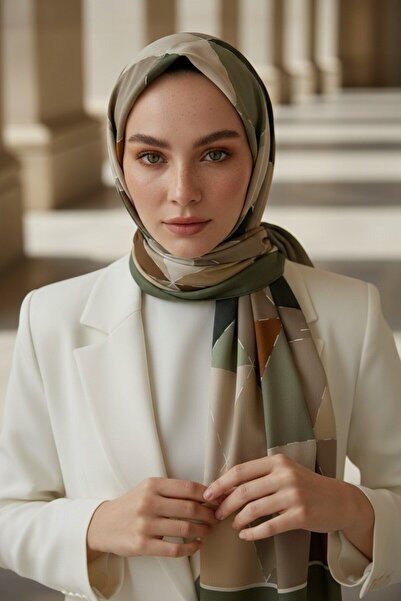 Vissona KREP ÜÇGEN YAMA DESENLİ HAKİ YEŞİLİ RENKLİ 75X195 KIRIŞMAZ ŞAL