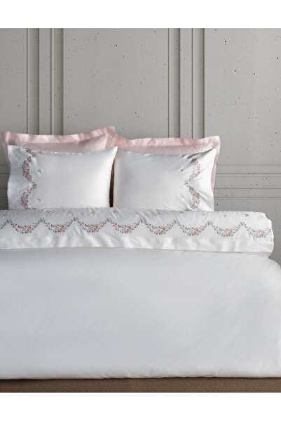 Dantela Lara Embroidered Cotton Satin Double Duvet Cover Set - Cream/Powder