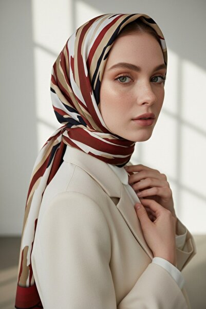 Vissona Crepe Geometric Patterned Burgundy Color 75X195 Non-Shedding Shawl