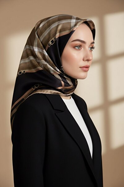 VİOLLA Twill Kemerli ve Ekose Desenli Siyah Renkli 90x90 Eşarp (İpek İçermez)...