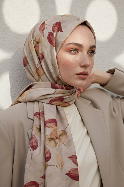 Vissona Crepe Autumn Patterned Burgundy Colored 75X195 Non-Fading Shawl