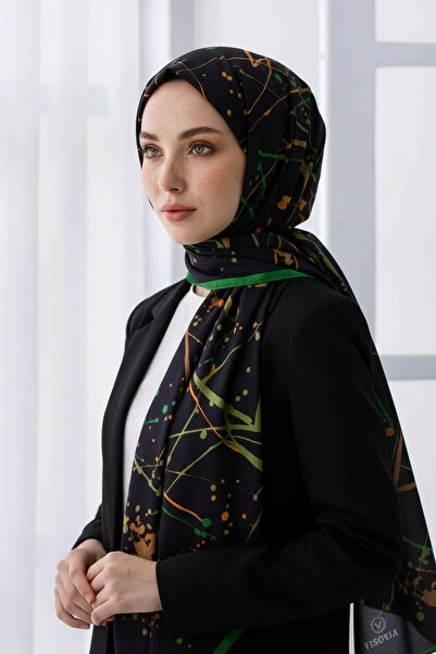 Vissona KREP BOYA DAMLASI DESENLİ SİYAH - ZÜMRÜT YEŞİLİ RENKLİ 75X195 KIRIŞMA...