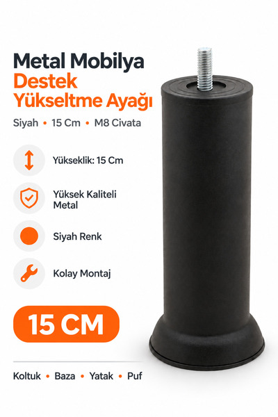 Metal Mobilya Kanepe Baza Yatak Koltuk Puf Destek Yükseltme Ayağı M8 Civata Siyah Ayakları 15 Cm.