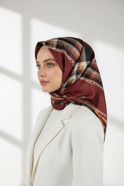 VİOLLA Twill Kemerli ve Ekose Desenli Bordo Renkli 90x90 Eşarp (İpek İçermez)...