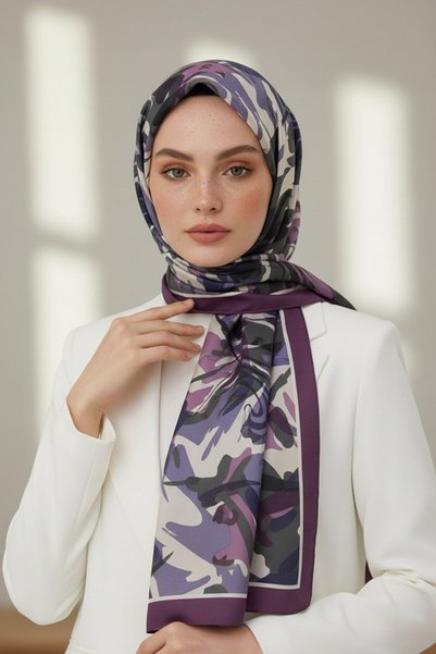Vissona KREP GEOMETRİK DESENLİ MOR RENKLİ 75X195 KIRIŞMAZ ŞAL