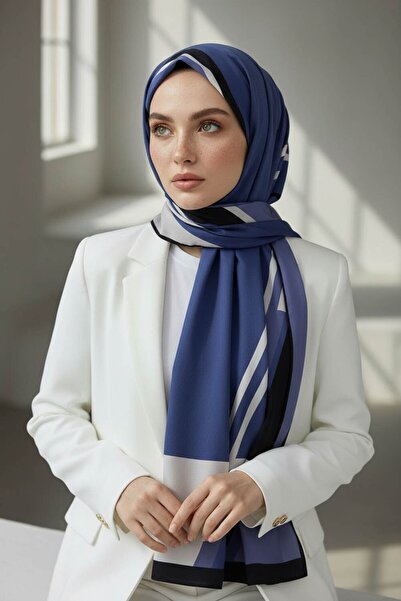 Vissona KREP GEOMETRIK DESENLİ İNDİGO RENKLİ 75X195 KIRIŞMAZ ŞAL