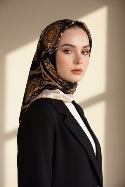 VİOLLA Twill Kemerli Ve Geometrik Desenli Hardal Renkli 90x90 Eşarp (İpek İçe...