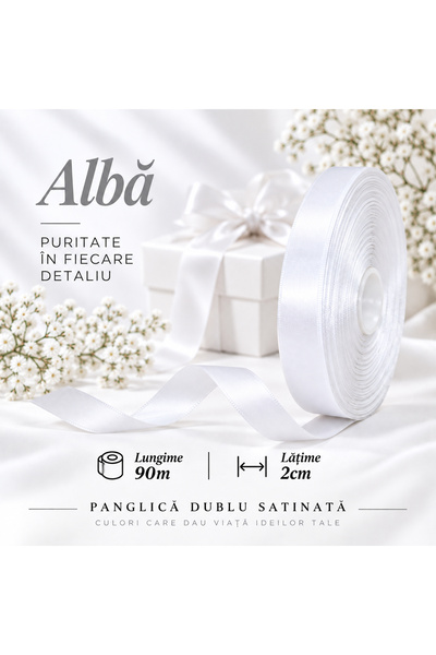 Papette Rolă Panglică Dublu Satinată ALBĂ, 2cm x 90m