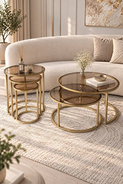 Dekoport Milas Orta Ve Zigon Sehpa Seti (Ø60-47) Mat Gold(GOLD ESKİTME) Metal...