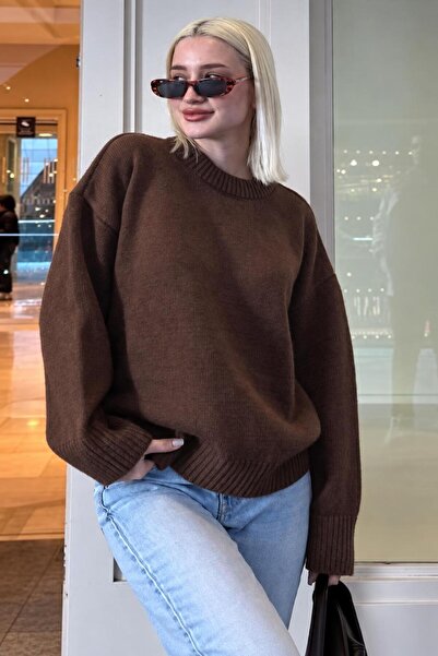 Gülce moda Καφέ Oversize Γυναικείο πουλόβερ με απαλή υφή και λαιμόκοψη ποδηλάτου