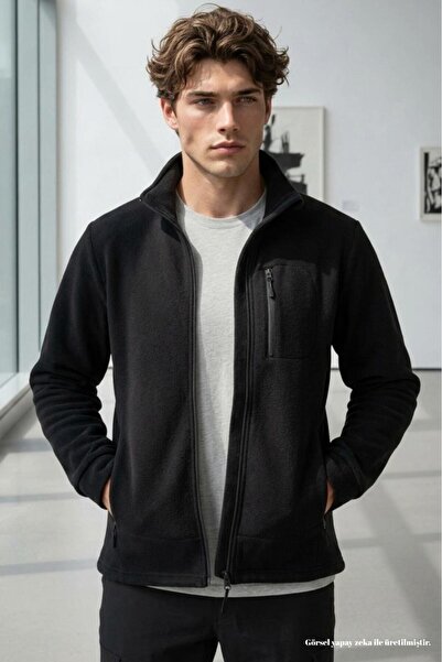 NO 601 Men's Black Fleece Fabric Jacket with Three Zipper Pockets