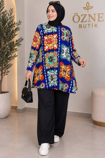 ÖZNE BUTİK Plus Size Patterned Crew Neck Combed Cotton Tunic
