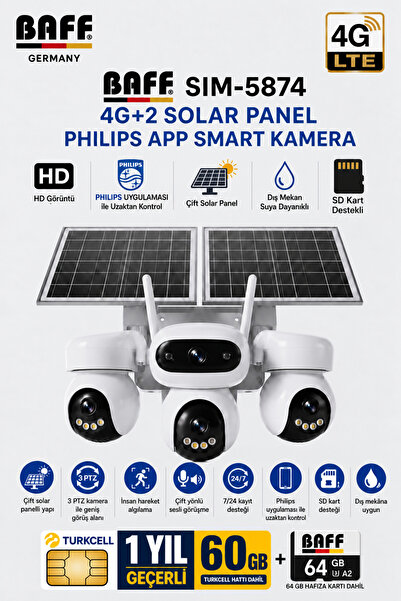 BAFF GERMANY SIM-5874 Çift Solar Panelli 4G SIM Kartlı 3 Lensli PTZ Akıllı Dı...