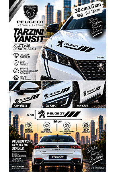 İntervex Global PEUGEOT Uyumlu Spor Gövde Şerit Sticker Sağ Sol Yan Kapı Çamu...
