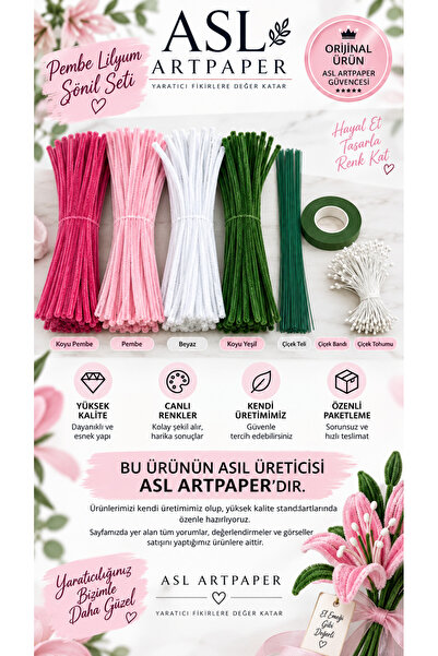 ASL ArtPaper Pembe Lilyum Çiçeği Yapım Seti Şönil Seti 161 Parça DIY Hobi El ...