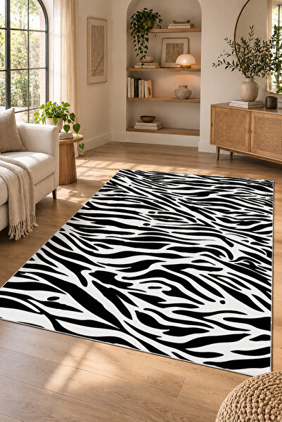 on the clouds Beyaz Zebra Desenli Yıkanabilir Kaymaz Taban Leke Tutmaz Modern...