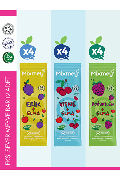 mixmey Ekşi Sever Meyve Barı – 12 Adet | Sağlıklı Atıştırmalıklar – Vegan, Gl...