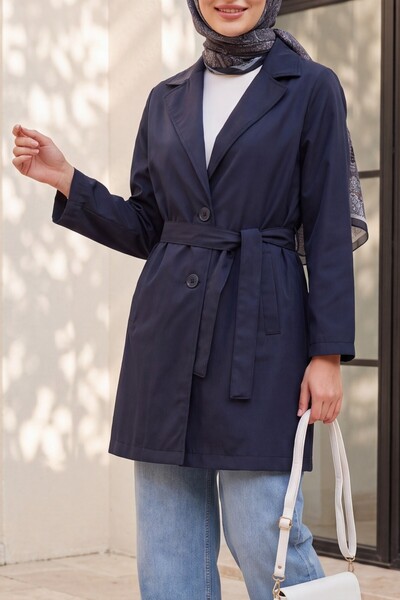 Modamorfo Women's Belted Short Trench Coat 5990 - Navy Blue