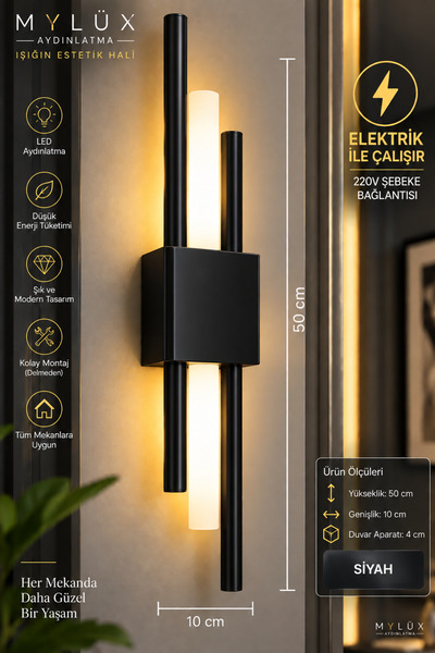 MYLUX AYDINLATMA VE TASARIM Kirpi Modern Boru Aplik Siyah