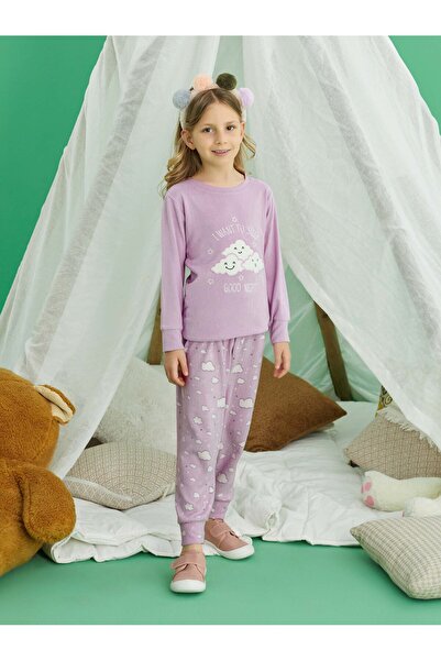 İYİBU Girl's Thermal Pajama Set – Cloud Patterned Lilac