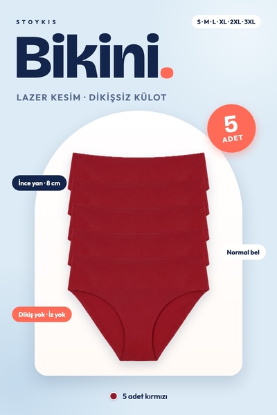 Stoykis Kadın Bikini Külot 5'li Set Kırmızı - Lazer Kesim Dikişsiz, Normal Be...