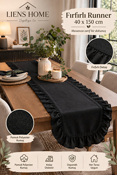 Fırfırlı Siyah Runner 40x150 cm Bohem Masa Dekorasyon Örtüsü