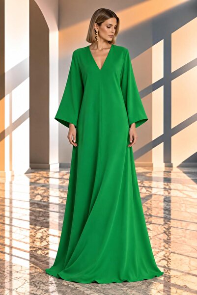 SERAVENZA COUTURE فستان ماكسي بياقة على شكل V وأكمام طويلة أنيق للمناسبات COU...