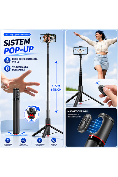 RaSteff Selfie stick , Sistem deschidere Pop-UP, 33cm-177cm, Trepied, Bluetooth, Telescopic, iOS/Android
