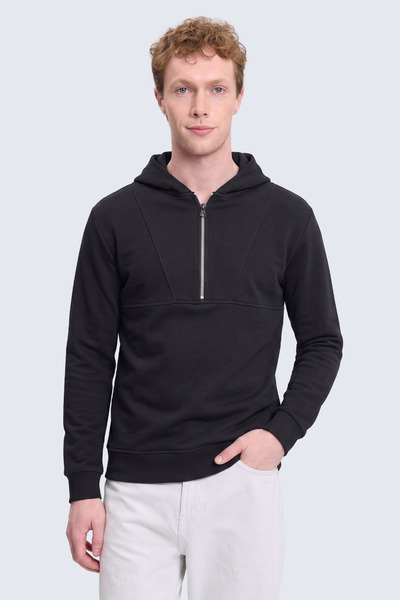 Hatemoğlu Siyah Regular Fit Fermuarlı Kapüşonlu Sweatshirt