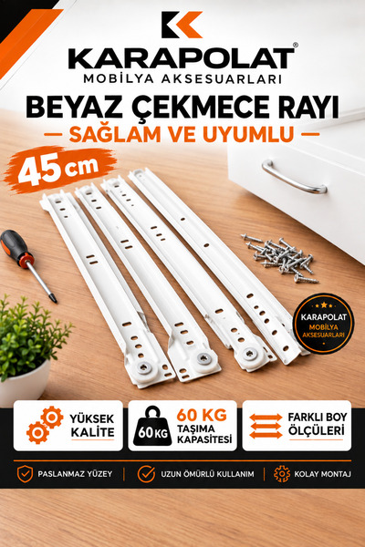 KARAPOLAT Klasik Kızaklı Dolap Çekmece Rayı Beyaz 35-40-45-50 Cm (VİDA DAHİL)