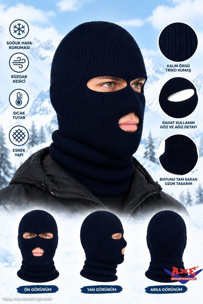 AXE SPORTSWEAR Unisex Kışlık Koyu Lacivert 3 Gözlü Bere Olabilen Kar Maskesi ...