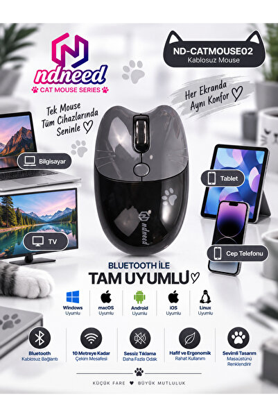 NDNeed Sevimli Kedi Kablosuz Siyah Mouse Bluetooth + 2.4G Dual Mode Catmouse