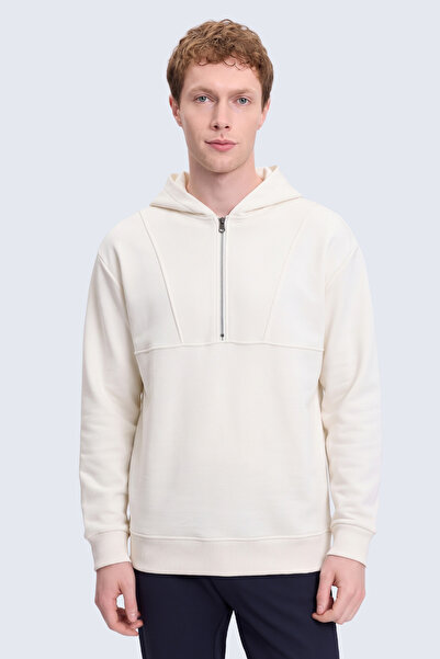 Hatemoğlu Beyaz Regular Fit Fermuarlı Kapüşonlu Sweatshirt