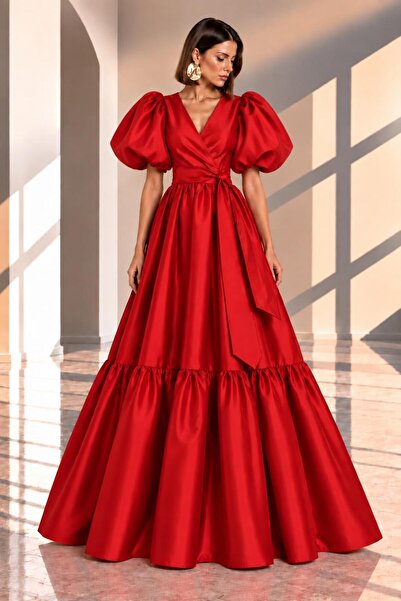 SERAVENZA COUTURE Maxi Boy Balon Kollu Eteği Fırfır Detaylı Şık Davet Elbises...