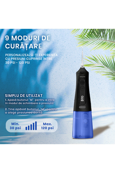 xenomo Irigator bucal Xenomo® X-FLOW, 9 trepte presiune, 350 ml, display digital, IPX7, USB-C, 10 duze