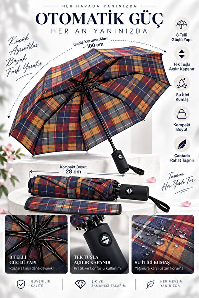 Eyesofia Otomatik Fonksiyon Açma Kapama Fiber Tel Kılıflı Ekoseli Unisex Kali...