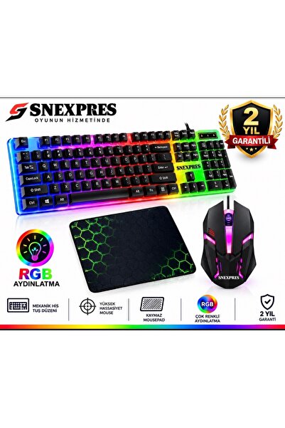 SNEXPRES 3in1 Klavye Mouse Mause Pad Kablolu Rgb Aydınlatmalı Set Gamer Pc Oy...