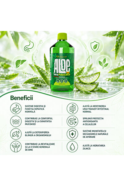Human Care Aloe Vera Suc 100% cu Pulpă, pentru digestie și detoxifiere, 500 ml