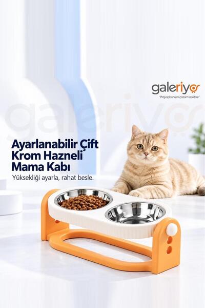 Galeriyo Ayarlanabilir Çift Krom Hazneli Mama Kabı Turuncu