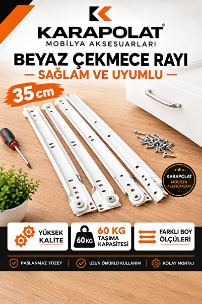 KARAPOLAT Klasik Kızaklı Dolap Çekmece Rayı Beyaz 35-40-45-50 Cm (VİDA DAHİL)