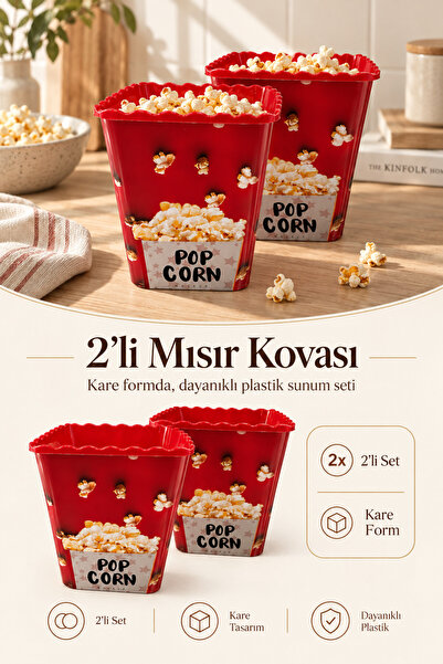 Poomy 2’li Mısır Kovası Seti - Kırmızı Popcorn Kutusu Mısır Patlatma Kabı