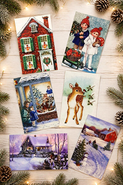 Bimotif 6lı Simli Kartpostal Seti, Yılbaşı, Kırmızı Ev