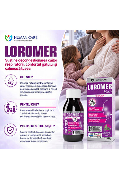 Human Care Loromer, sirop pentru imunitate și confort respirator, pentru femei însărcinate, copii de la 3 ani și adulți, 125 ml