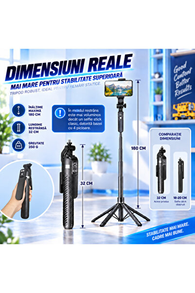 RaSteff Stick selfie 2 în 1 - Trepied extensibil de 180 cm, rotație la 360°, Bluetooth