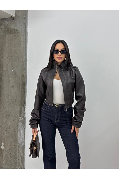 MODA DURAĞI FROZEN YENİ SEZON KORSE DETAYLI CROP DERİ CEKET Kahverengi
